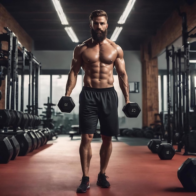 Esportista barbudo sem camisa de corpo inteiro se preparando para levantar um haltere hexagonal durante um treino funcional i