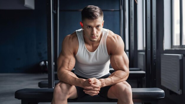 Foto esportista musculoso sério descansando no vestiário do ginásio antes do treinamento esportivo e pensando assim