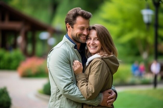 La esposa abrazando al hombre señalando a algo