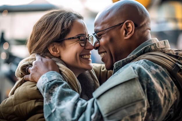 Foto la esposa da la bienvenida al marido a casa en licencia del ejército generativo ai