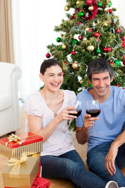 Esposa y esposo bebiendo vino en homa en Navidad