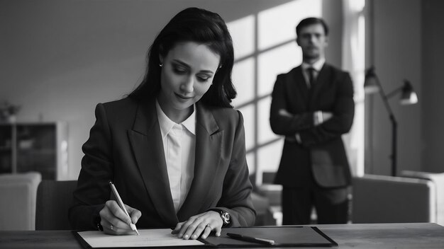 Foto la esposa firma el decreto de divorcio después de la decisión de ruptura