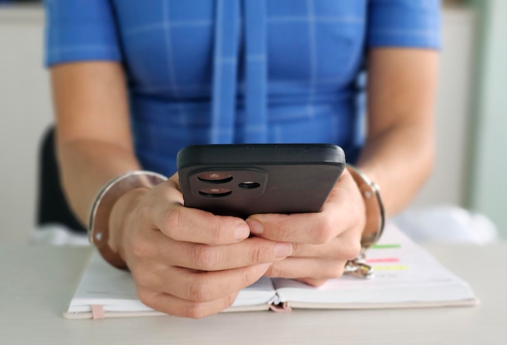Foto las esposas, las manos de las mujeres y el teléfono móvil, el concepto de adicción.