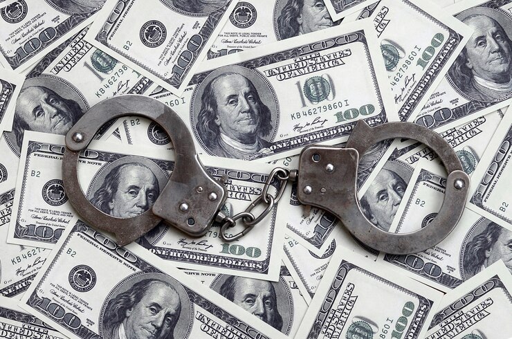 Foto las esposas de la policía se encuentran en un montón de billetes de un dólar.