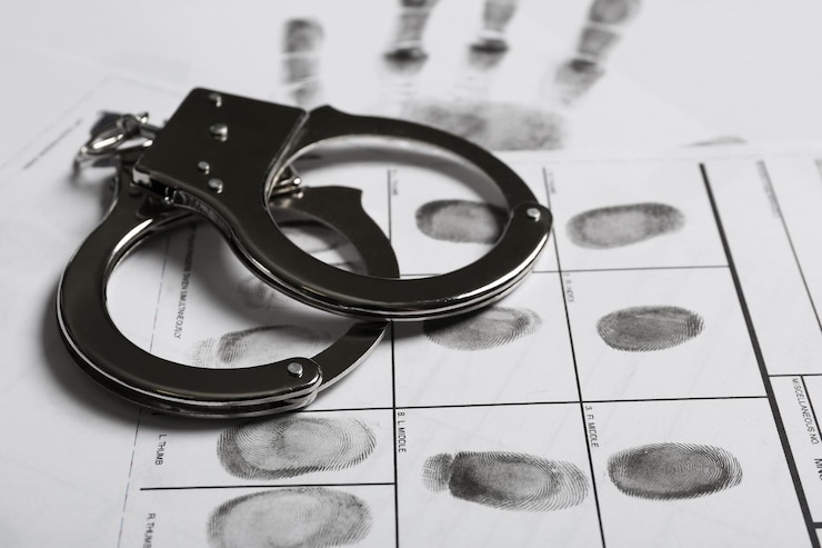 Foto esposas de la policía y primer plano de la tarjeta de huellas dactilares criminales
