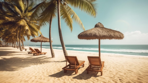 Espreguiçadeira de praia tranquila, palmeira, água clara, ambiente sereno