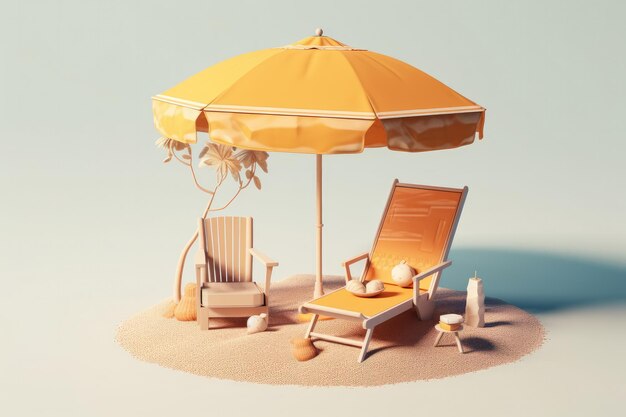 Espreguiçadeira e guarda-chuva em uma praia ensolarada 3D Render Generative AI