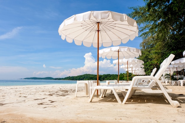 Espreguiçadeiras com guarda-sol em uma praia