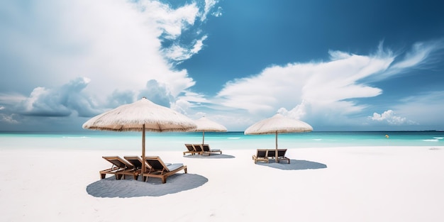 Espreguiçadeiras de belas paisagens tropicais Vista para o mar de areia branca com horizonte calma e relaxamento