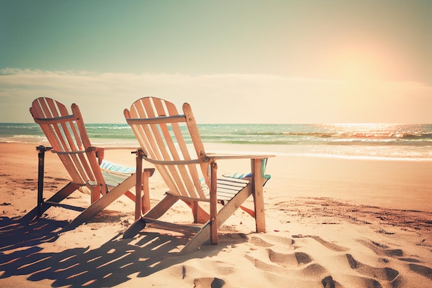 Espreguiçadeiras de praia perto do mar Conceito de férias de verão Bandeira de turismo de férias de verão