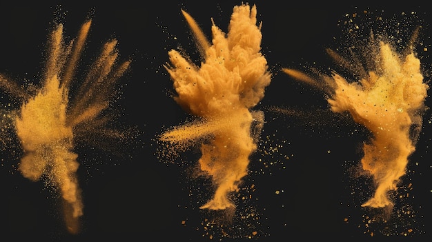Foto espremimento de pó de areia dourado e poeira caindo de nuvens com partículas de brilho em fundo transparente conjunto realista moderno de espremimentos de pó de arenito amarelo e efeitos de movimento de nuvens