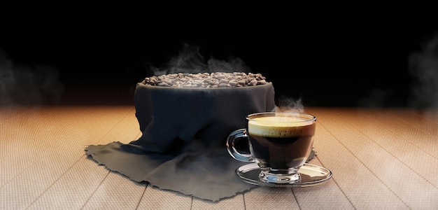Espresso caliente Café fresco en la mesa Granos de café asados en fondo de madera y taza de café