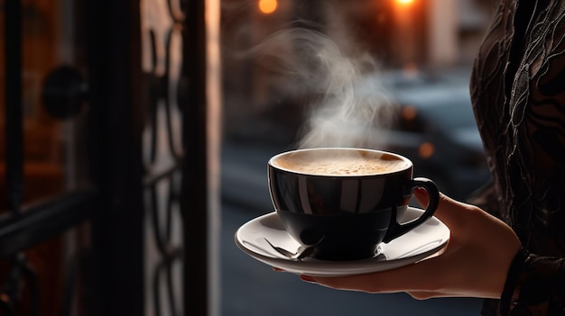 Espresso caliente en la mano de la mujer en el café por la mañana