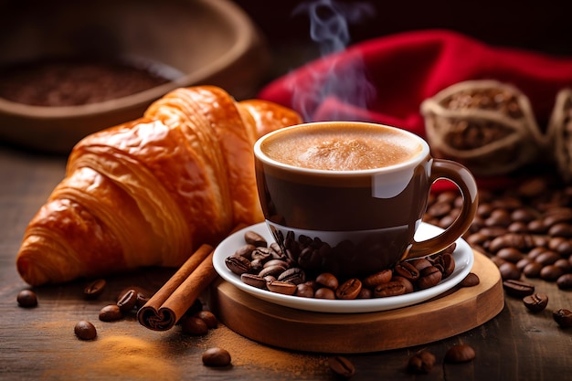 Espresso com croissant e sementes de café