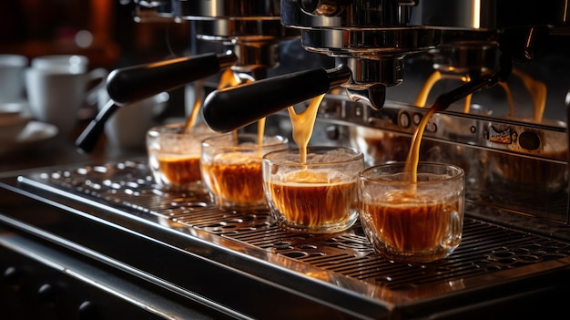 Espresso cozido a vapor em uma máquina em um café