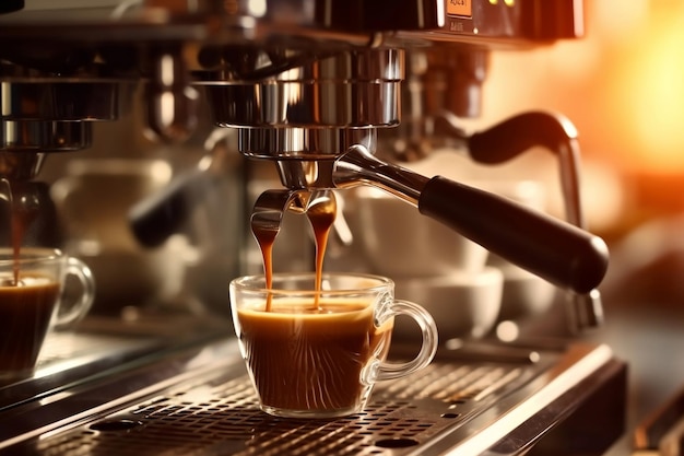 Espresso criativo a ser derramado da máquina de café num café aconchegante