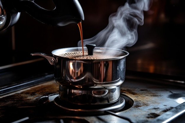 Foto espresso, das in eine tasse gegossen wird, mit einem stapel farbenfroher kaffeetassen im hintergrund