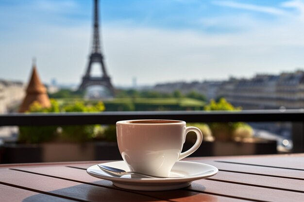 Foto espresso disfrutando en una cafetería en la acera con vista a la torre eiffel