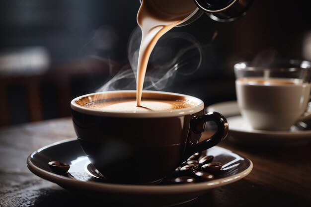 Espresso em um fundo escuro o vapor sobe acima do café no café da manhã em uma cafeteria italiana foco seletivo de tiro vertical
