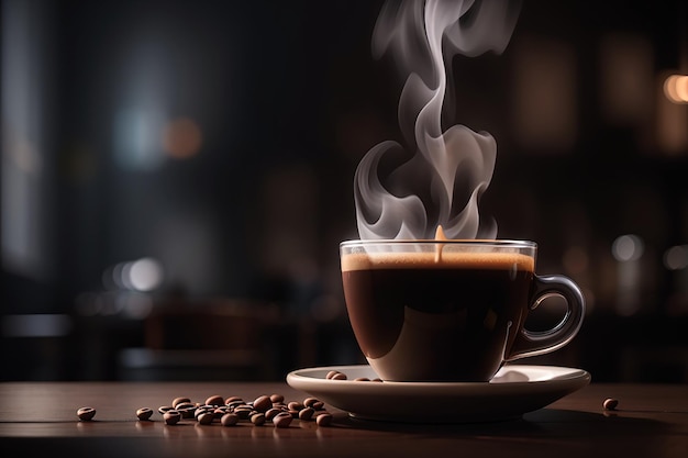 Espresso em um fundo escuro o vapor sobe acima do café no café da manhã em uma cafeteria italiana foco seletivo de tiro vertical