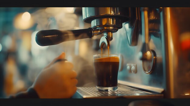 Foto espresso fresco sendo derramado em uma xícara de uma máquina de café profissional