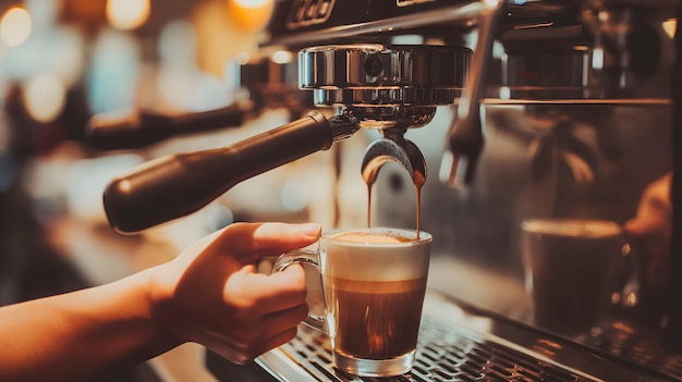 El espresso fresco se vierte en una taza de una máquina de café profesional