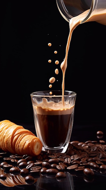 Espresso in Glasbecher, Croissants und Kaffeebohnen, die in der Luft auf schwarzem Hintergrund fliegen oder fallen