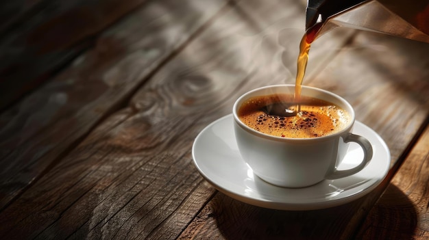 Un espresso italiano tradicional que se vierte en una taza de cerámica