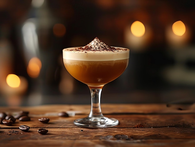 Foto espresso martini coberto com pedaços de chocolate em superfície de madeira rústica