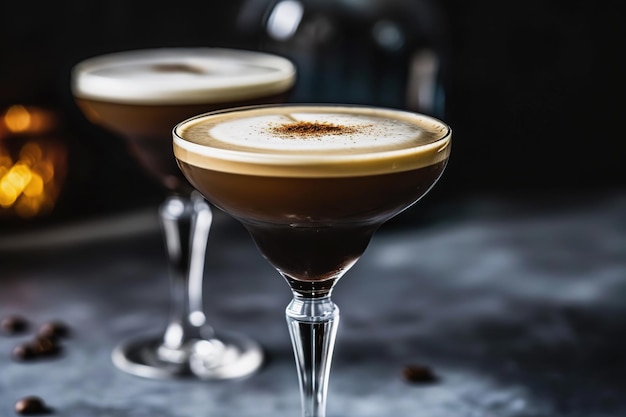 Foto espresso-martini-cocktail mit kaffeebohnen auf dem tisch.