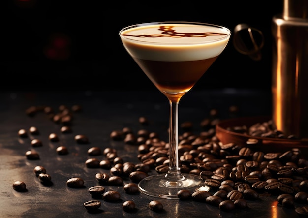 Un Espresso Martini rodeado de granos de café que transmiten su sabor a café.