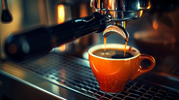 Espresso perfeito de uma máquina de café profissional num ambiente aconchegante de café