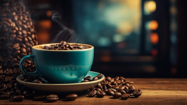 Espresso quente em xícara de café vermelho com grãos de café em concreto