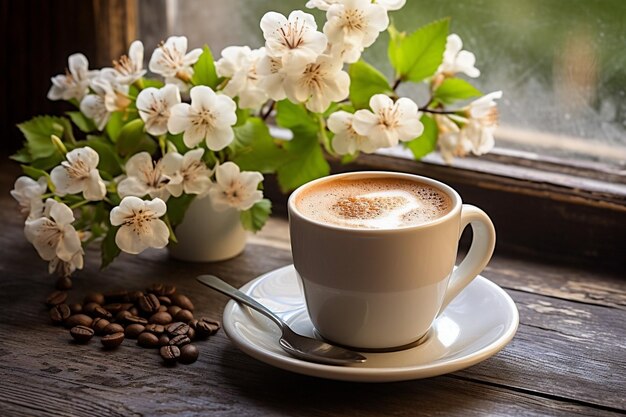 Foto espresso-tasse auf einem rustikalen holztisch mit einer vase mit blumen