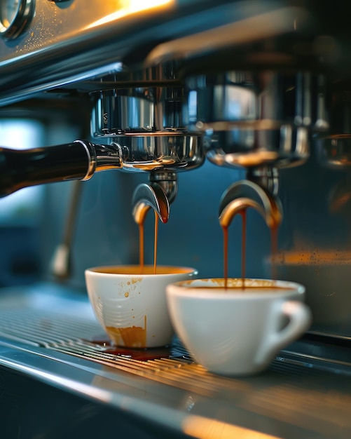 Foto espresso vertiendo de la máquina de café en la cafetería