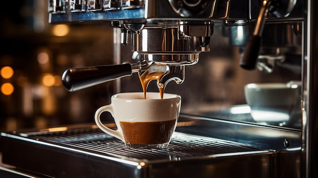 Espresso vertiendo de la máquina de café en la cafetería