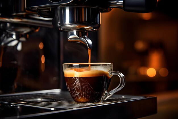 Espresso vertiendo de la máquina de café cerca de ai generado