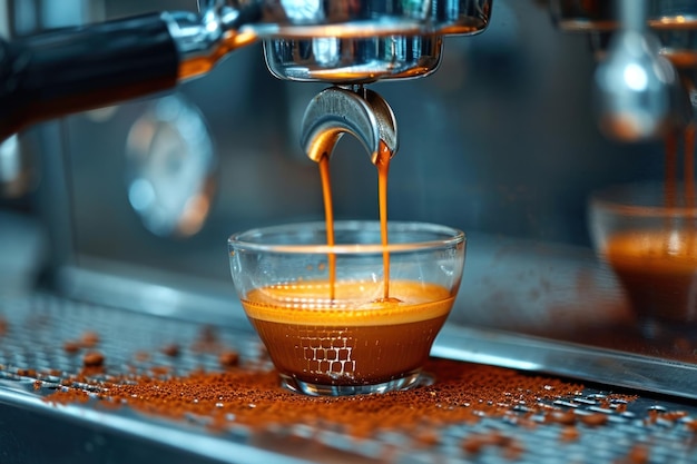 El espresso se vierte de la máquina de café.