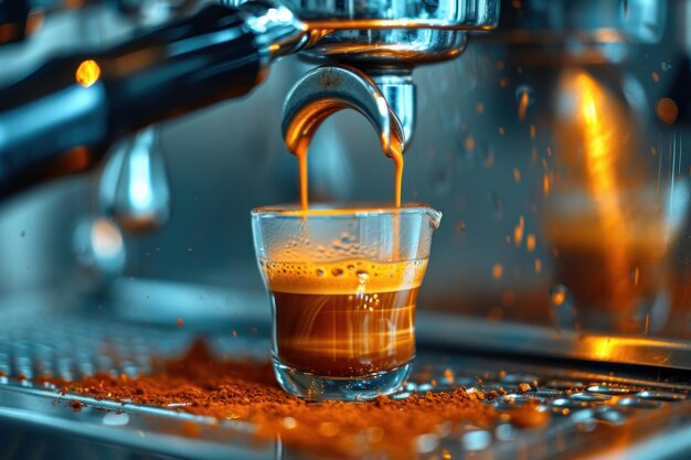 El espresso se vierte de la máquina de café.