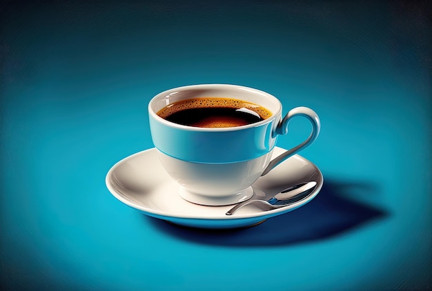 Espressokaffee in einer kleinen weißen Porzellantasse auf einem lebhaften blauen Hintergrund