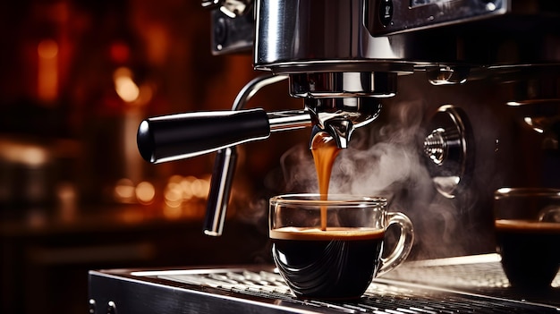 Espressomaschine gießt frischen schwarzen Kaffee in eine Tasse, Nahaufnahme, generative KI