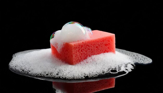 Espuma de jabón con burbujas y esponja roja de fondo negro