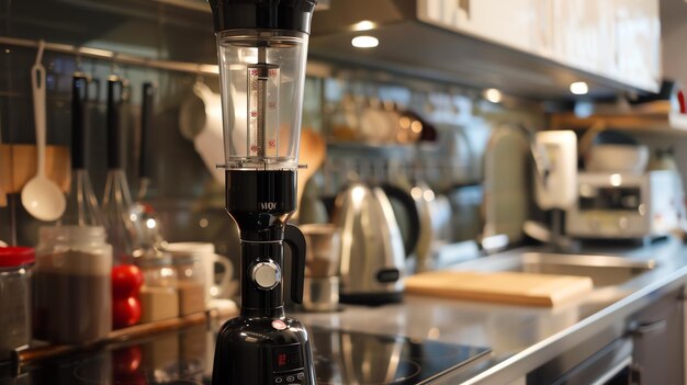 Foto la espuma de leche eléctrica en una cocina moderna la espuma es negra y tiene un recipiente de vidrio transparente está sentado en un mostrador negro