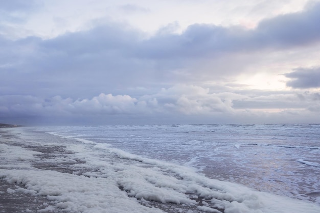 La espuma marina a lo largo de la línea de surf en la costa arenosa del Mar del Norte al atardecer en una noche ventosa