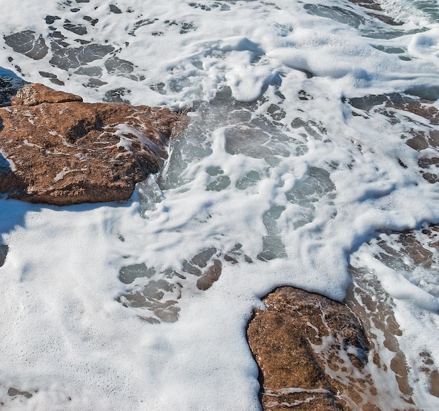 Espuma y rocas en la orilla