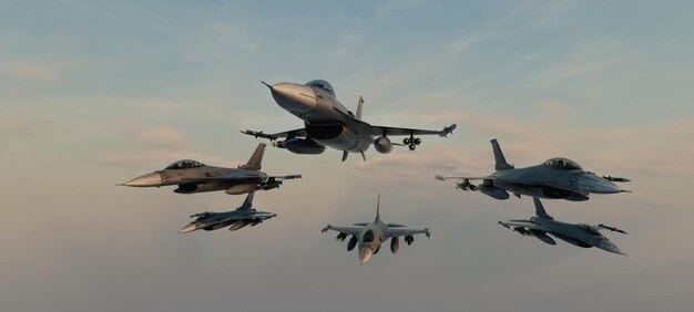 Foto esquadrão de aviões de combate voando em linha no céu ilustração de renderização 3d