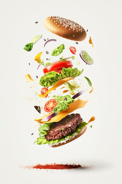 esquartejamento de hambúrguer voador com condimentos separados, explosão de sabores e cores criados com a tecnologia Generative AI