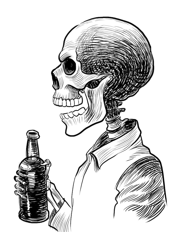 Foto esqueleto a beber um copo de cerveja.