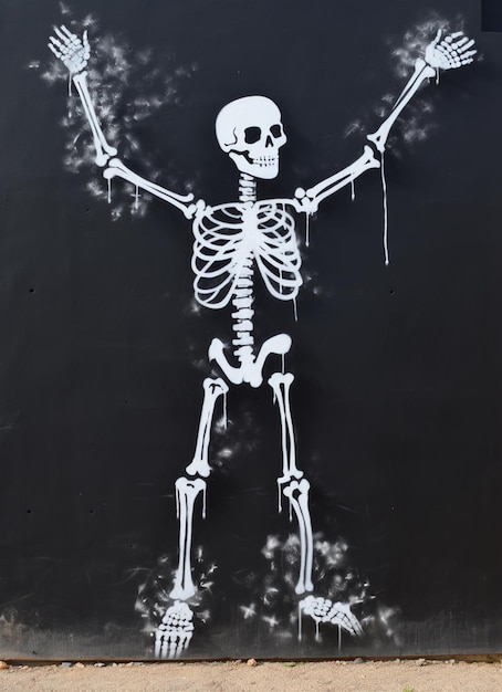 esqueleto arafed en una pared negra con un contorno blanco ai generativo