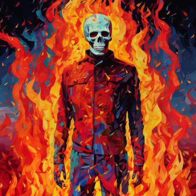 El esqueleto ardiente, una pintoresca de arte pop de Halloween